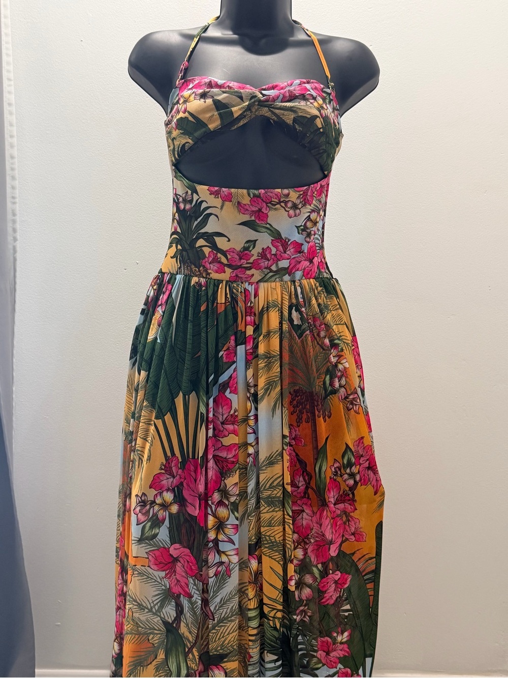 Agua Bendita Tropical Floral Cutout Maxi Dress - Yellow & Pink